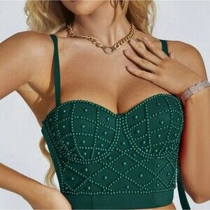 Pearl Beaded Embellished Corset Green Top Size Small